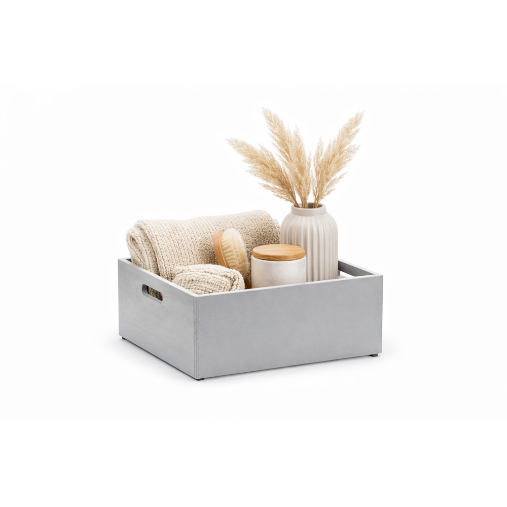 Szara skrzynka drewniana 40x30x13,5 cm z uchwytami – dekoracyjna skrzynka do przechowywania