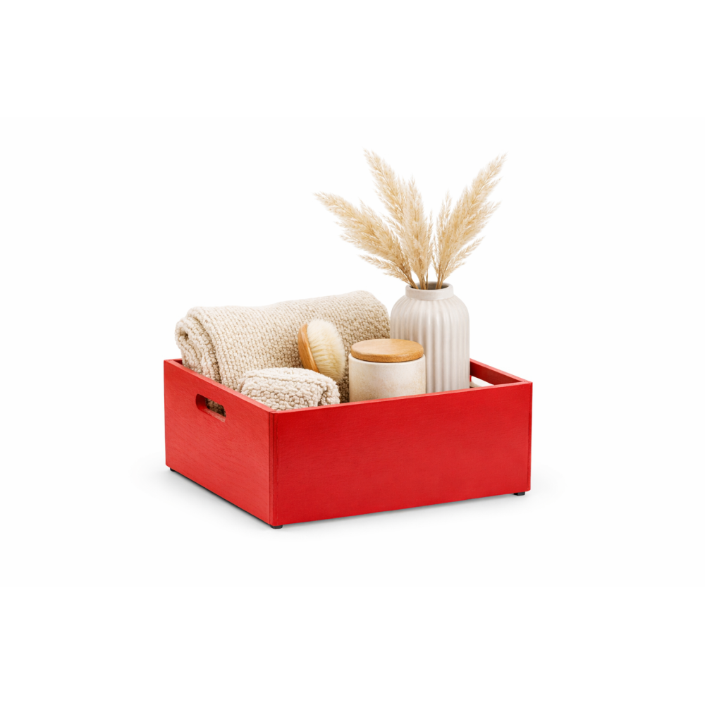 Czerwona skrzynka drewniana 40x30x13,5 cm z uchwytami– dekoracyjna skrzynka do przechowywania