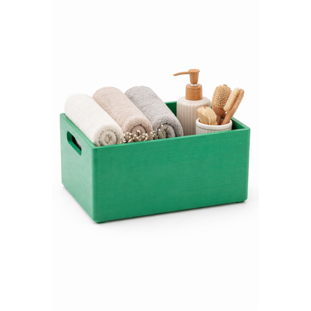 Zielona skrzynka drewniana 30x20x13,5 cm z uchwytami – dekoracyjna skrzynka do przechowywania