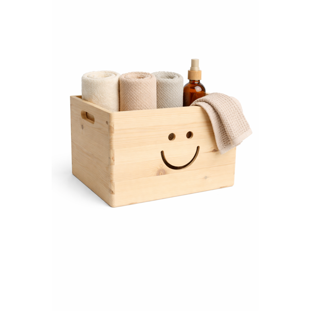 Pojedyncza skrzynka drewniana otwarta 40x30x23 cm z uśmiechem