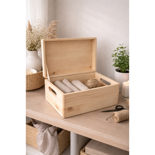 Drewniana skrzynka dekoracyjna 30x20x13,5 cm naturalna z uchwytami – do przechowywania