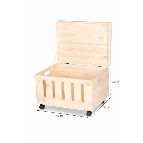 Drewniana skrzynka dekoracyjna z wybraniem 40x30x23 cm z uchwytami na kółkach – do przechowywania