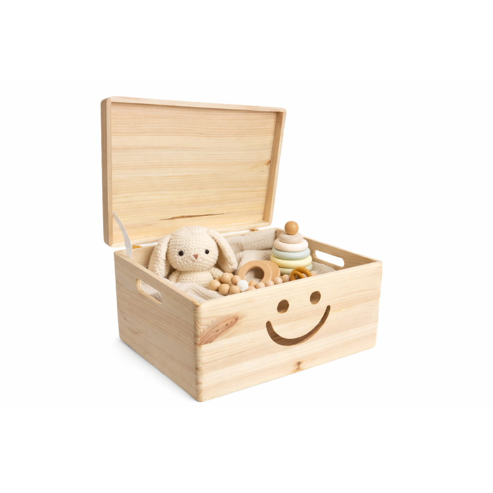 Skrzynka drewniana zamykana 40x30x23 cm z motywem uśmiechu– pudełko do przechowywania