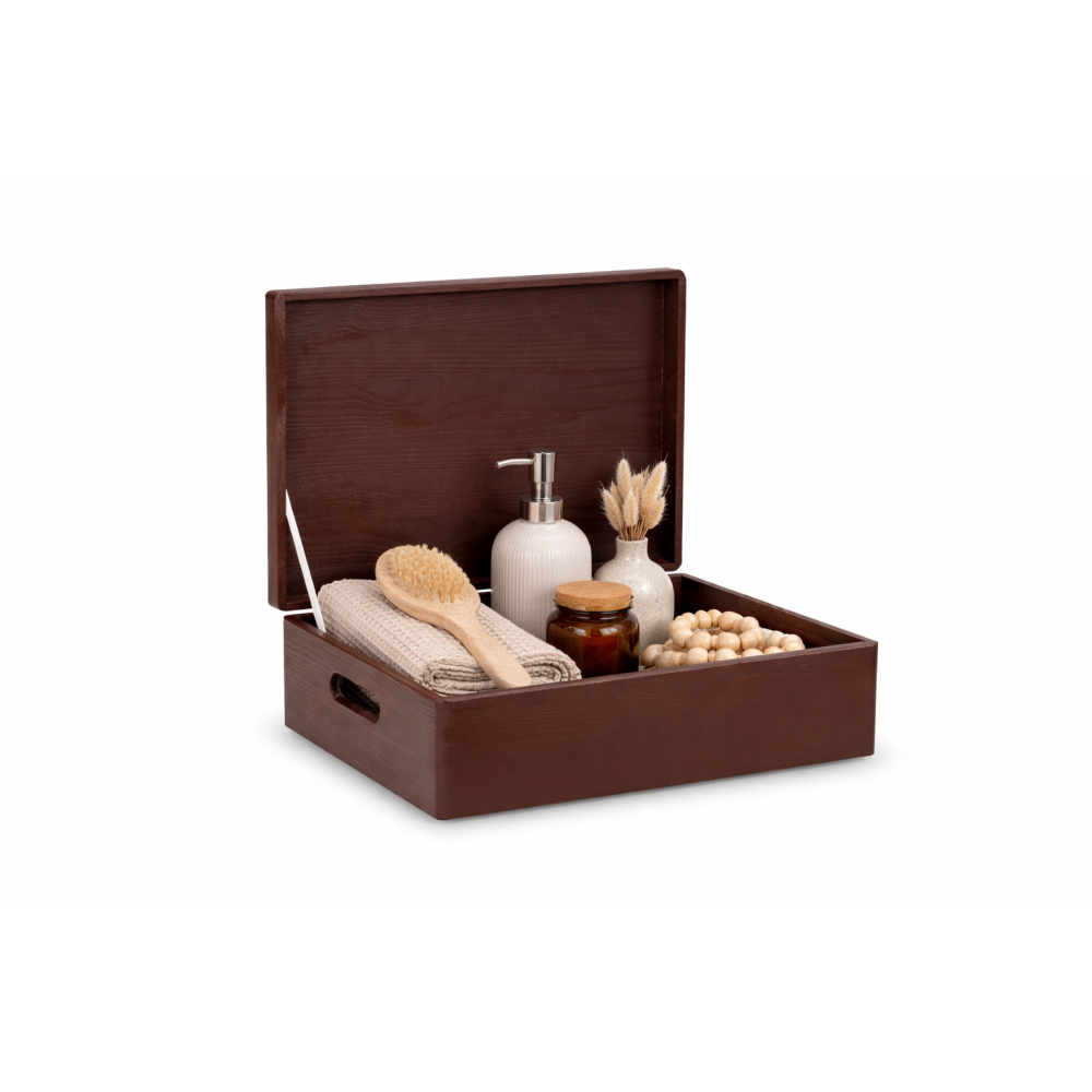 Brązowa drewniana skrzynka dekoracyjna 40x30x13,5 cm bez uchwytów – do przechowywania