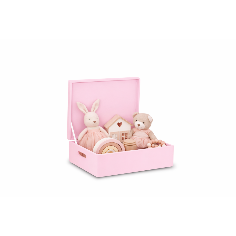 Różowa skrzynka drewniana z deklem 40x30x13,5 cm z uchwytami – pudełko do przechowywania