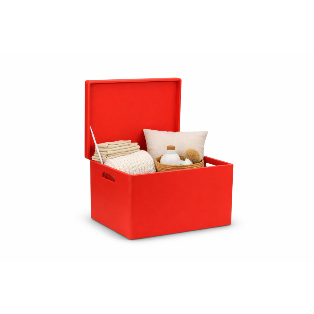 Czerwona skrzynka drewniana zamykana 40x30x23 cm z uchwytami – pudełko do przechowywania