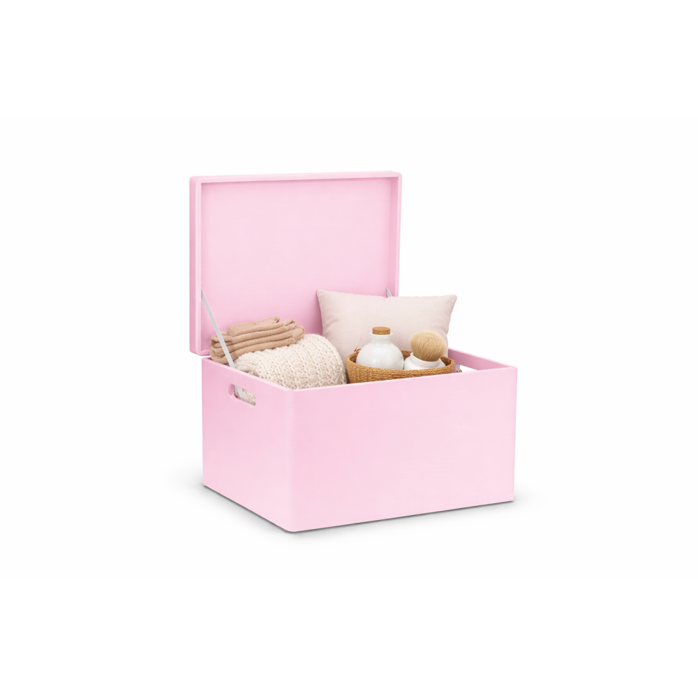 Różowa skrzynka drewniana zamykana 40x30x23 cm z uchwytami– pudełko do przechowywania