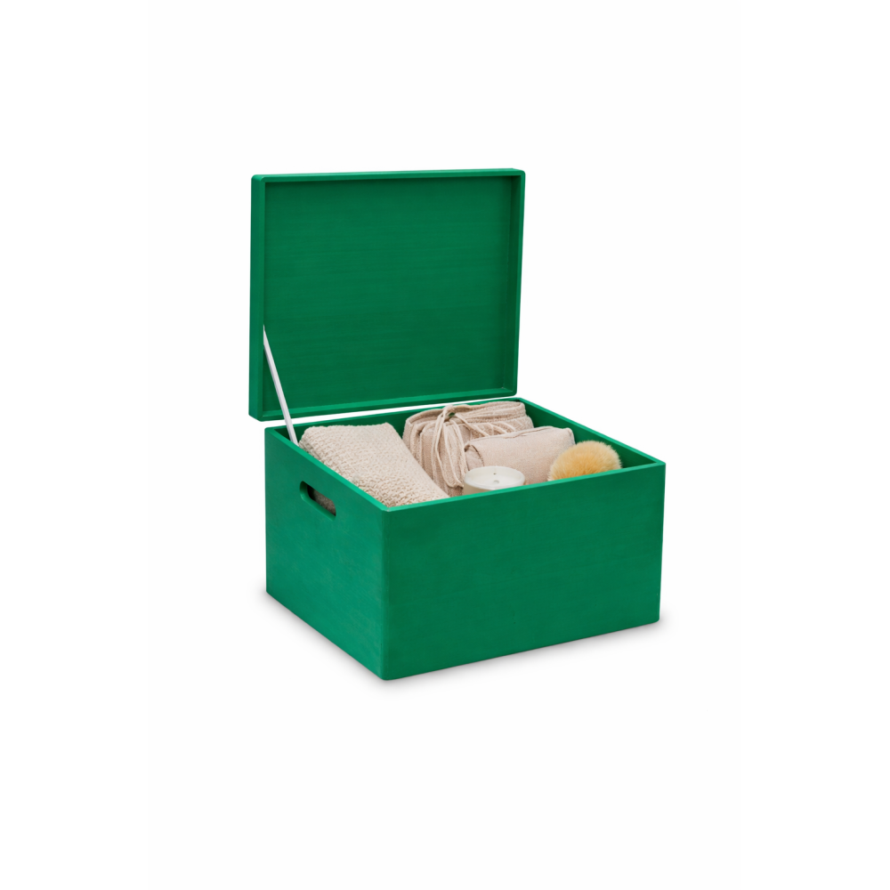 Zielona skrzynka drewniana zamykana 40x30x23 cm z uchwytami – pudełko do przechowywania