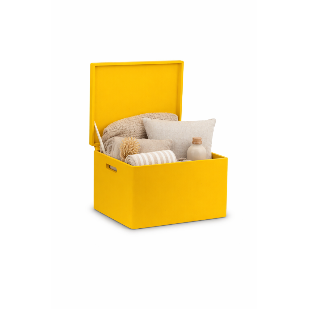 Żółta skrzynka drewniana zamykana 40x30x23 cm z uchwytami – pudełko do przechowywania