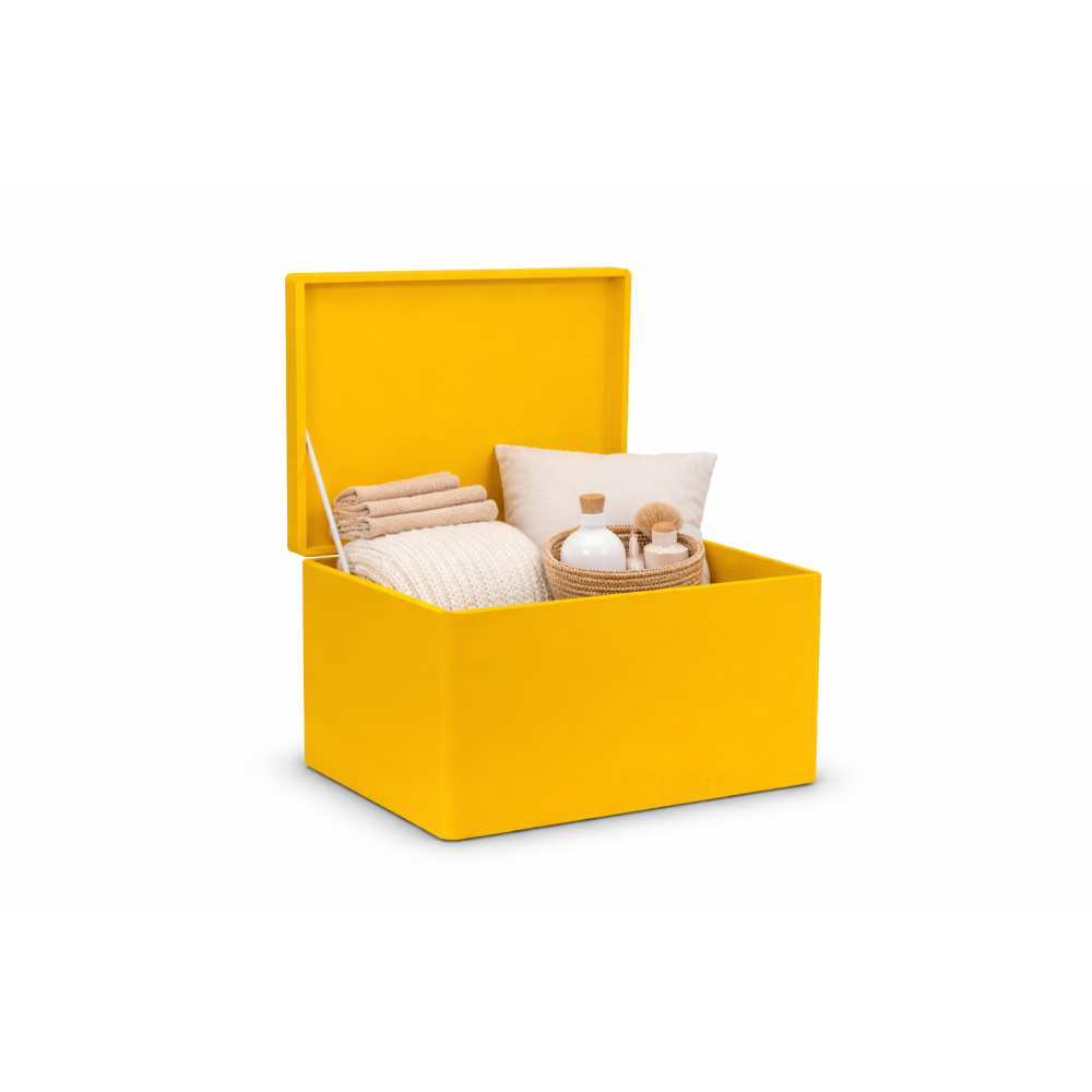 Żółta skrzynka drewniana zamykana 40x30x23 cm bez uchwytów – pudełko do przechowywania