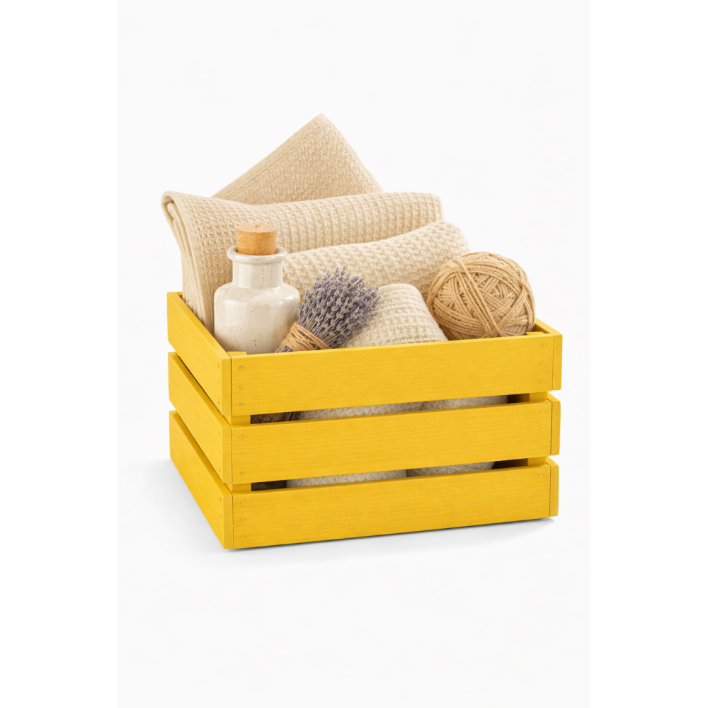 Skrzynka drewniana duża 46x31x25 cm żółta – skrzynka do przechowywania