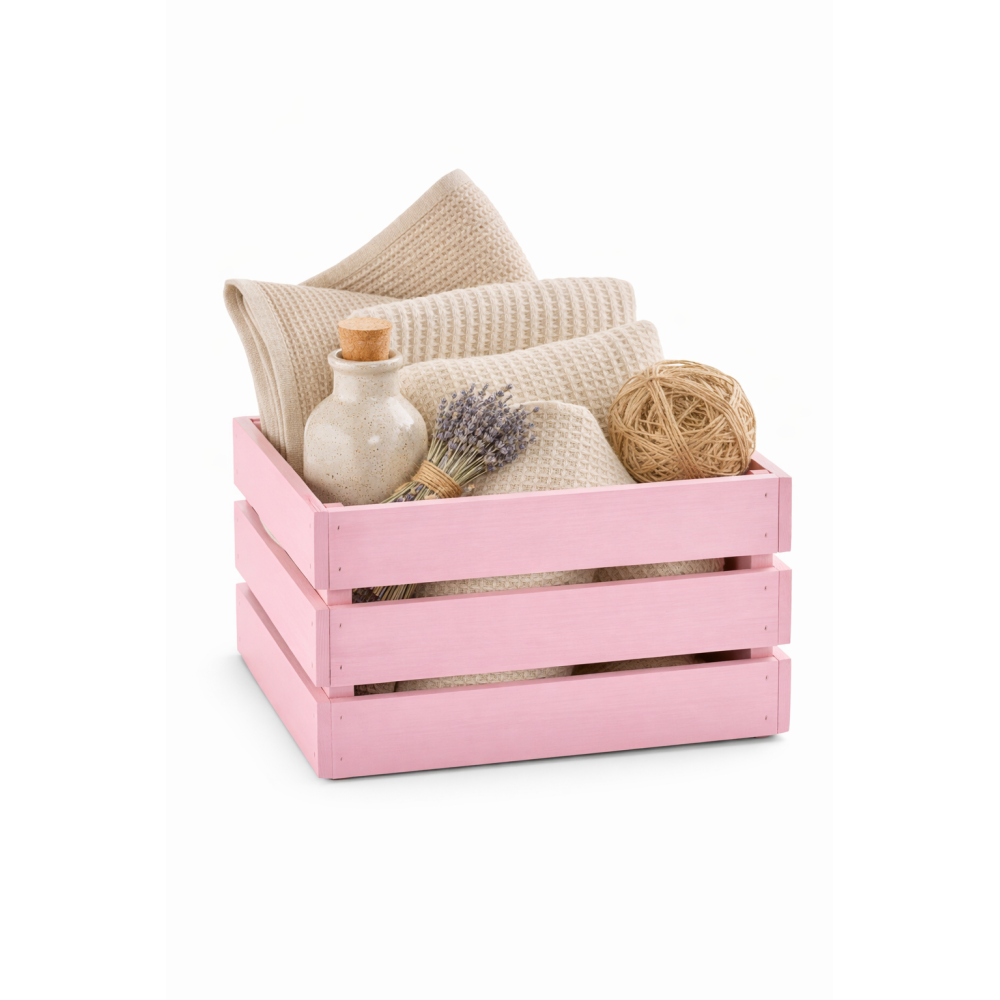 Skrzynka drewniana duża 46x31x25 cm różowa – skrzynka do przechowywania