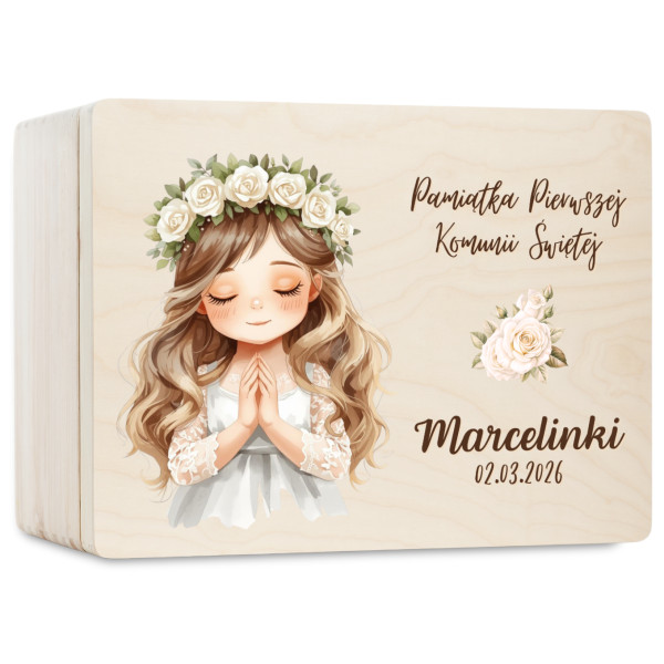Personalizowane pudełko wspomnień na Pierwszą Komunię Świętą 30x20x13,5 cm nadruk UV