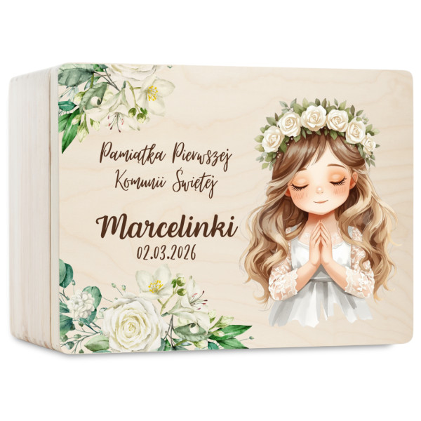Personalizowane pudełko wspomnień na Pierwszą Komunię Świętą 30x20x13,5 cm nadruk UV
