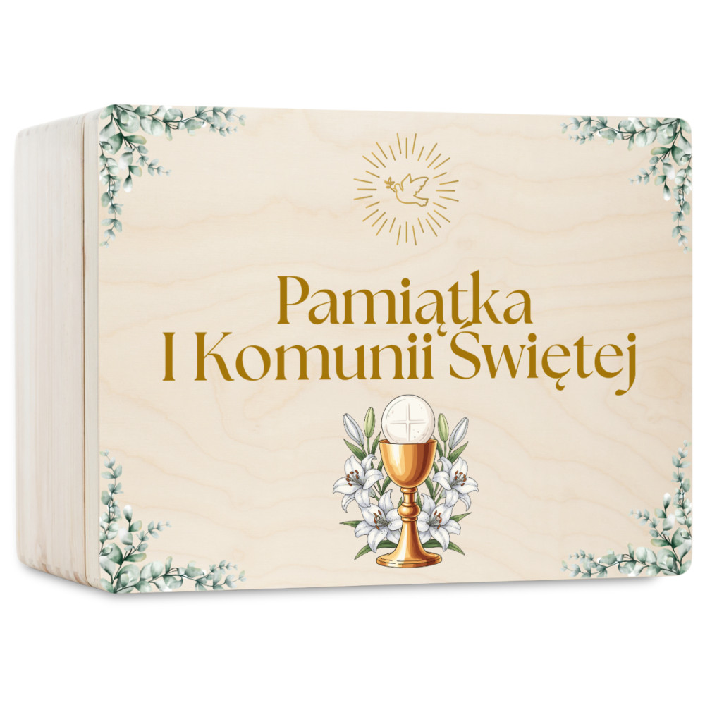 Personalizowane pudełko wspomnień na Pierwszą Komunię Świętą 30x20x13,5 cm nadruk UV