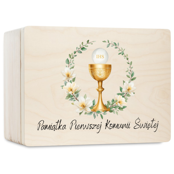 Personalizowane pudełko wspomnień na Pierwszą Komunię Świętą 30x20x13,5 cm nadruk UV