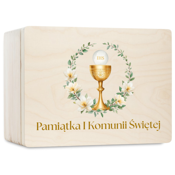 Personalizowane pudełko wspomnień na Pierwszą Komunię Świętą 30x20x13,5 cm nadruk UV