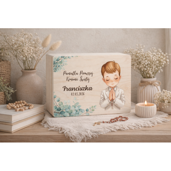 Personalizowane pudełko wspomnień na Pierwszą Komunię Świętą nadruk UV
