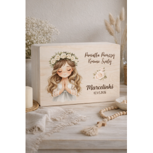 Personalizowane pudełko wspomnień na Pierwszą Komunię Świętą 30x20x13,5 cm nadruk UV