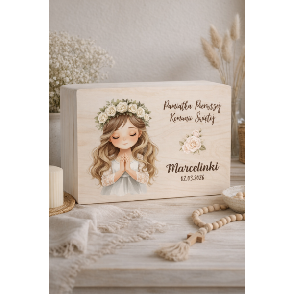 Personalizowane pudełko wspomnień na Pierwszą Komunię Świętą 30x20x13,5 cm nadruk UV