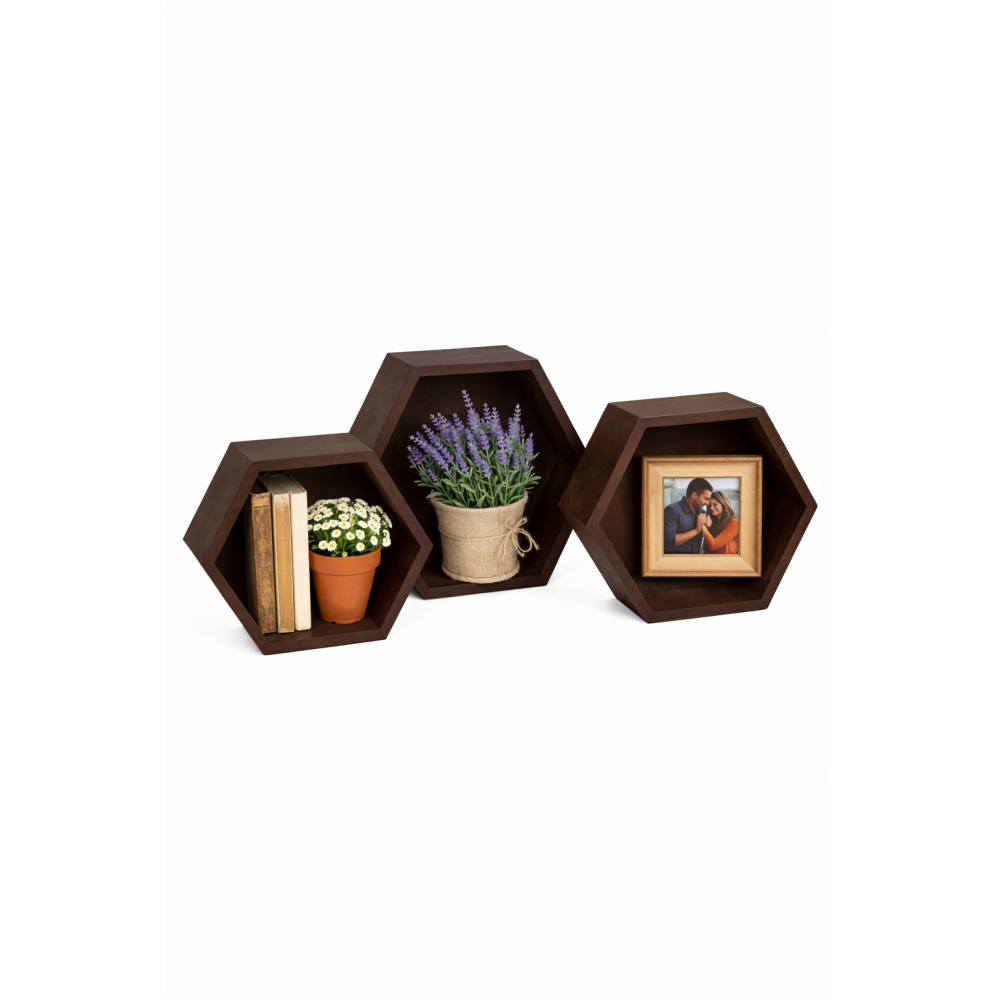 Zestaw półek ściennych drewnianych heksagon plaster miodu – brązowe półki
