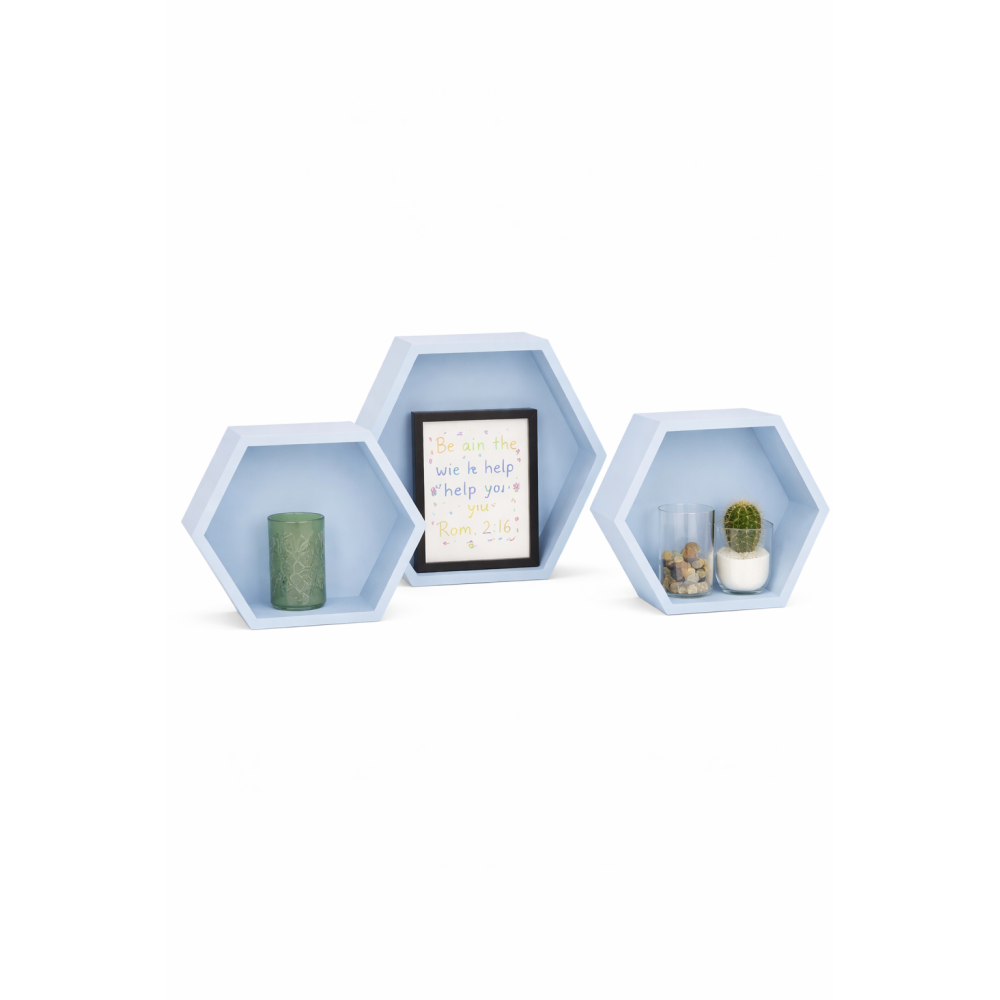 Zestaw półek ściennych drewnianych heksagon plaster miodu – niebieskie półki
