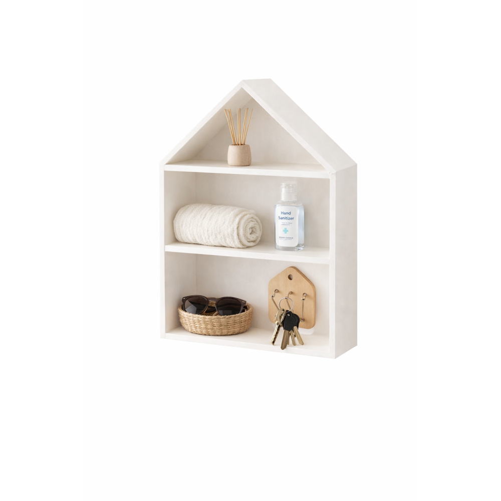 Drewniana półka w kształcie domku 32x12x44 cm biała – dekoracyjna półka ścienna