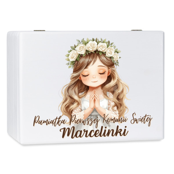 Personalizowane pudełko wspomnień na Pierwszą Komunię Świętą 30x20x13,5 cm nadruk UV
