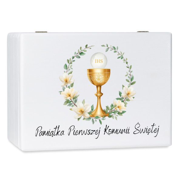 Personalizowane pudełko wspomnień na Pierwszą Komunię Świętą 30x20x13,5 cm nadruk UV