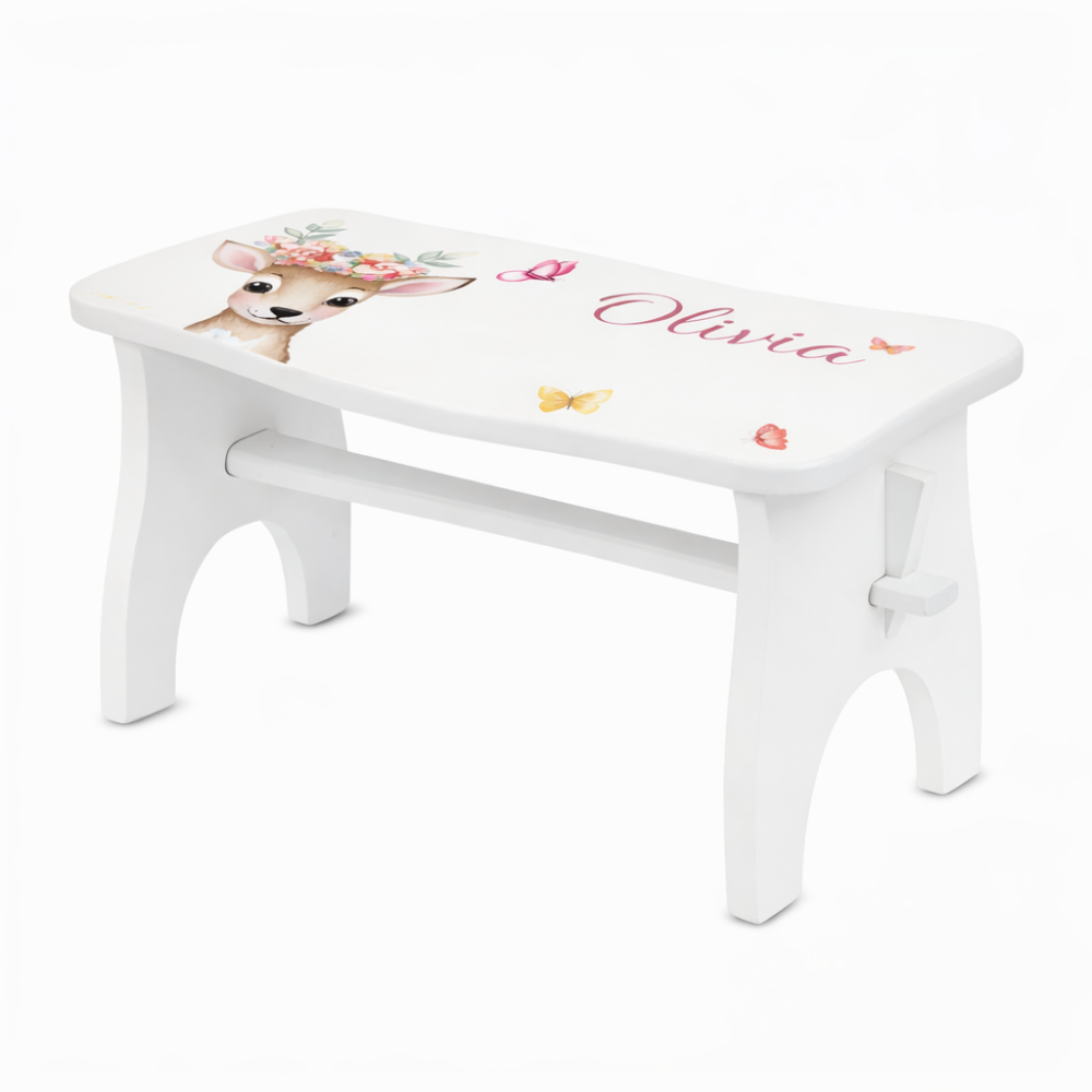 Stołek drewniany dla dziecka z imieniem personalizowany nadruk UV - biały