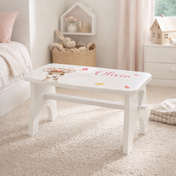 Stołek drewniany dla dziecka z imieniem personalizowany nadruk UV - biały