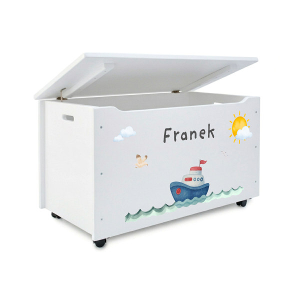 Kufer drewniany personalizowany nadruk UV dla dziecka 90x48x51 - biały