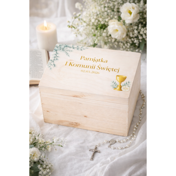 Personalizowane pudełko wspomnień na Pierwszą Komunię Świętą nadruk UV