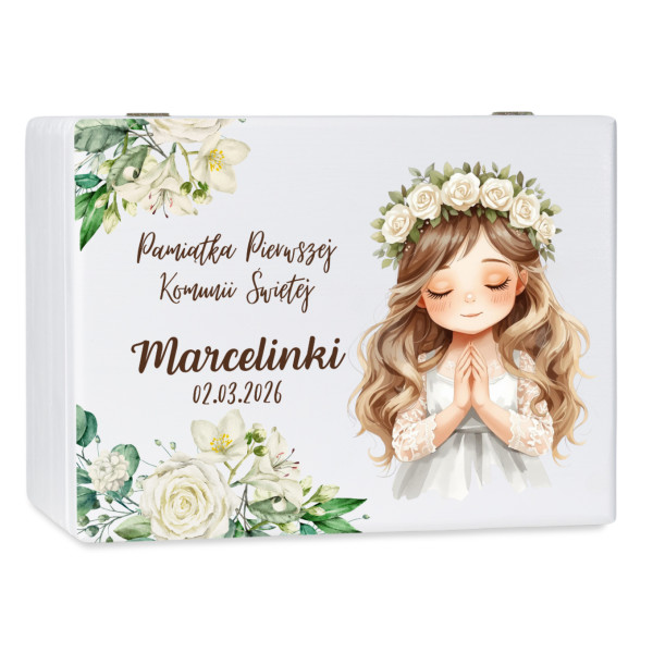 Personalizowane pudełko wspomnień na Pierwszą Komunię Świętą nadruk UV