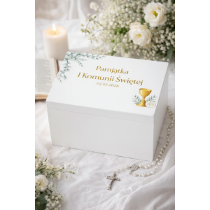 Personalizowane pudełko wspomnień na Pierwszą Komunię Świętą nadruk UV