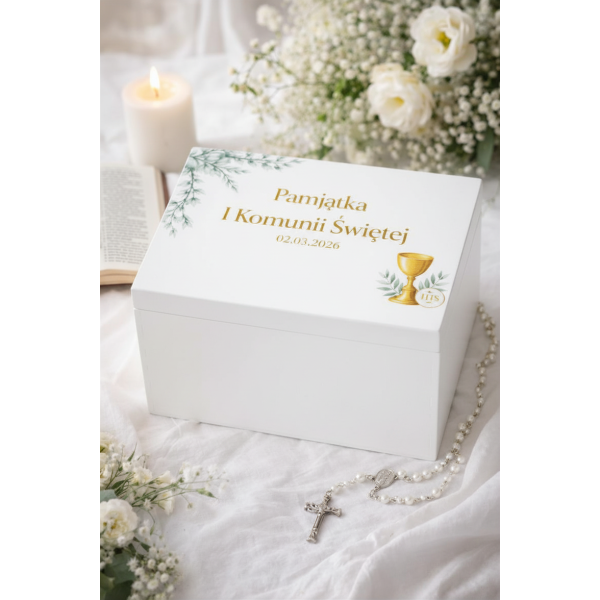 Personalizowane pudełko wspomnień na Pierwszą Komunię Świętą nadruk UV
