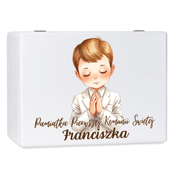 Personalizowane białe pudełko wspomnień na Pierwszą Komunię Świętą nadruk UV