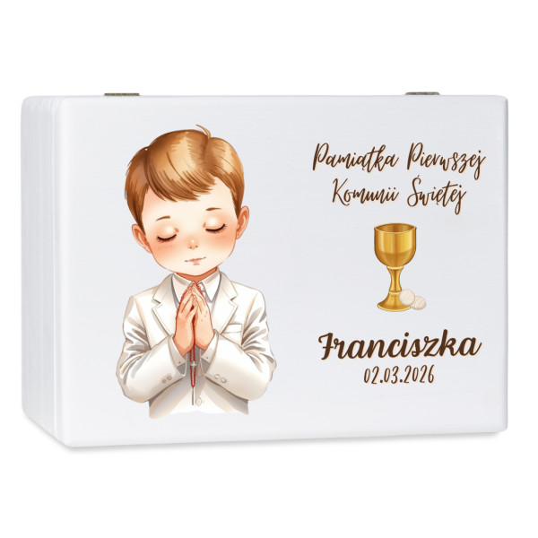 Personalizowane białe pudełko wspomnień na Pierwszą Komunię Świętą nadruk UV