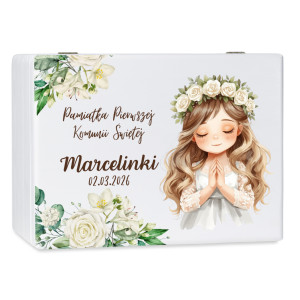 Personalizowane białe pudełko wspomnień na Pierwszą Komunię Świętą nadruk UV