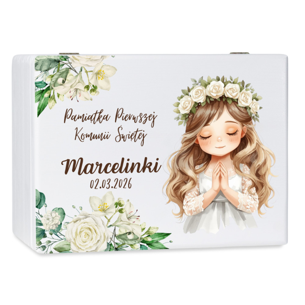 Personalizowane białe pudełko wspomnień na Pierwszą Komunię Świętą nadruk UV