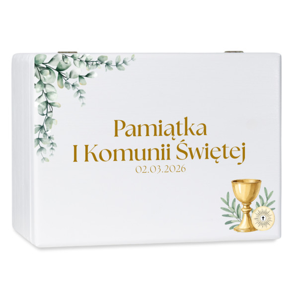 Personalizowane białe pudełko wspomnień na Pierwszą Komunię Świętą nadruk UV