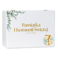 Personalizowane białe pudełko wspomnień na Pierwszą Komunię Świętą nadruk UV