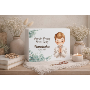 Personalizowane białe pudełko wspomnień na Pierwszą Komunię Świętą nadruk UV