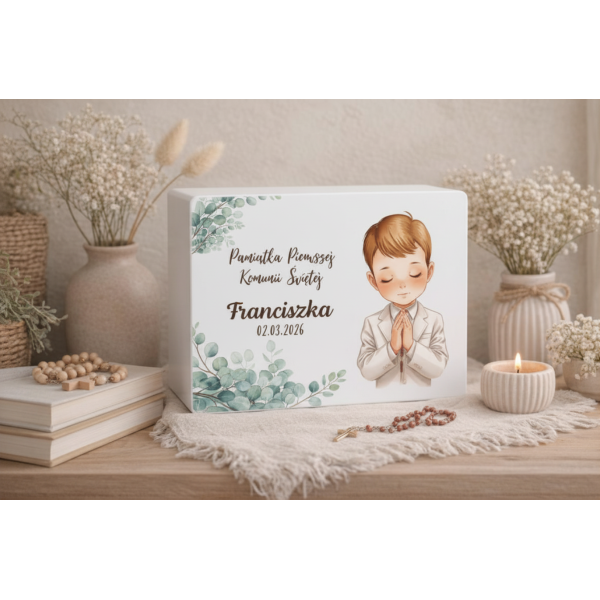 Personalizowane białe pudełko wspomnień na Pierwszą Komunię Świętą nadruk UV