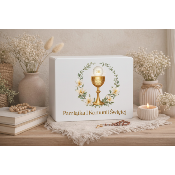 Personalizowane białe pudełko wspomnień na Pierwszą Komunię Świętą nadruk UV