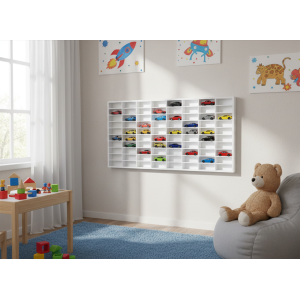 Półka drewniana na autka 80x5x42 cm w kolorze białym – organizer na samochodziki dla dzieci