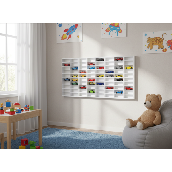 Półka drewniana na autka 80x5x42 cm w kolorze białym – organizer na samochodziki dla dzieci