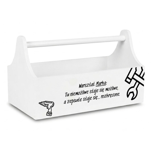 Drewniane nosidełko na narzędzia z nadrukiem UV 34x18x20,5 cm – biały narzędziownik