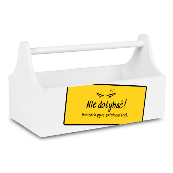 Drewniane nosidełko na narzędzia z nadrukiem UV 34x18x20,5 cm – biały narzędziownik