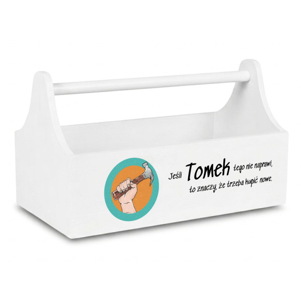 Drewniane nosidełko na narzędzia z nadrukiem UV 34x18x20,5 cm – biały narzędziownik